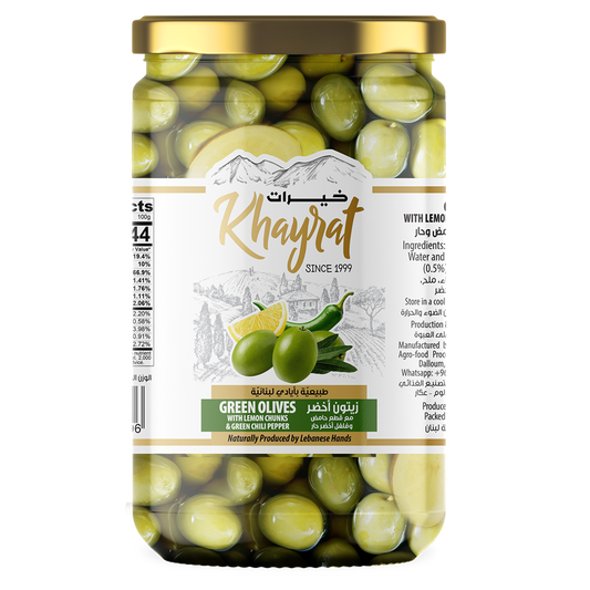 Khayrat Premium Lebanese Green Olives With Lemon Chunks & Green Chili Pepper - 1000g